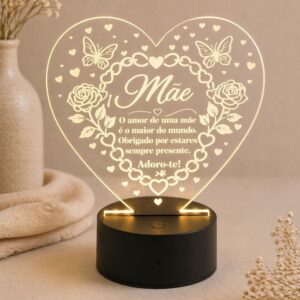 Luminária LED 3D Coração "Amor de Mãe"